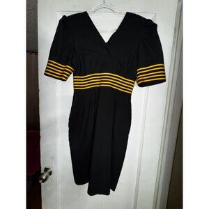 Black & Yellow Striped Vintage Dress With V-Neck & Short Sleeves Medium Eighties